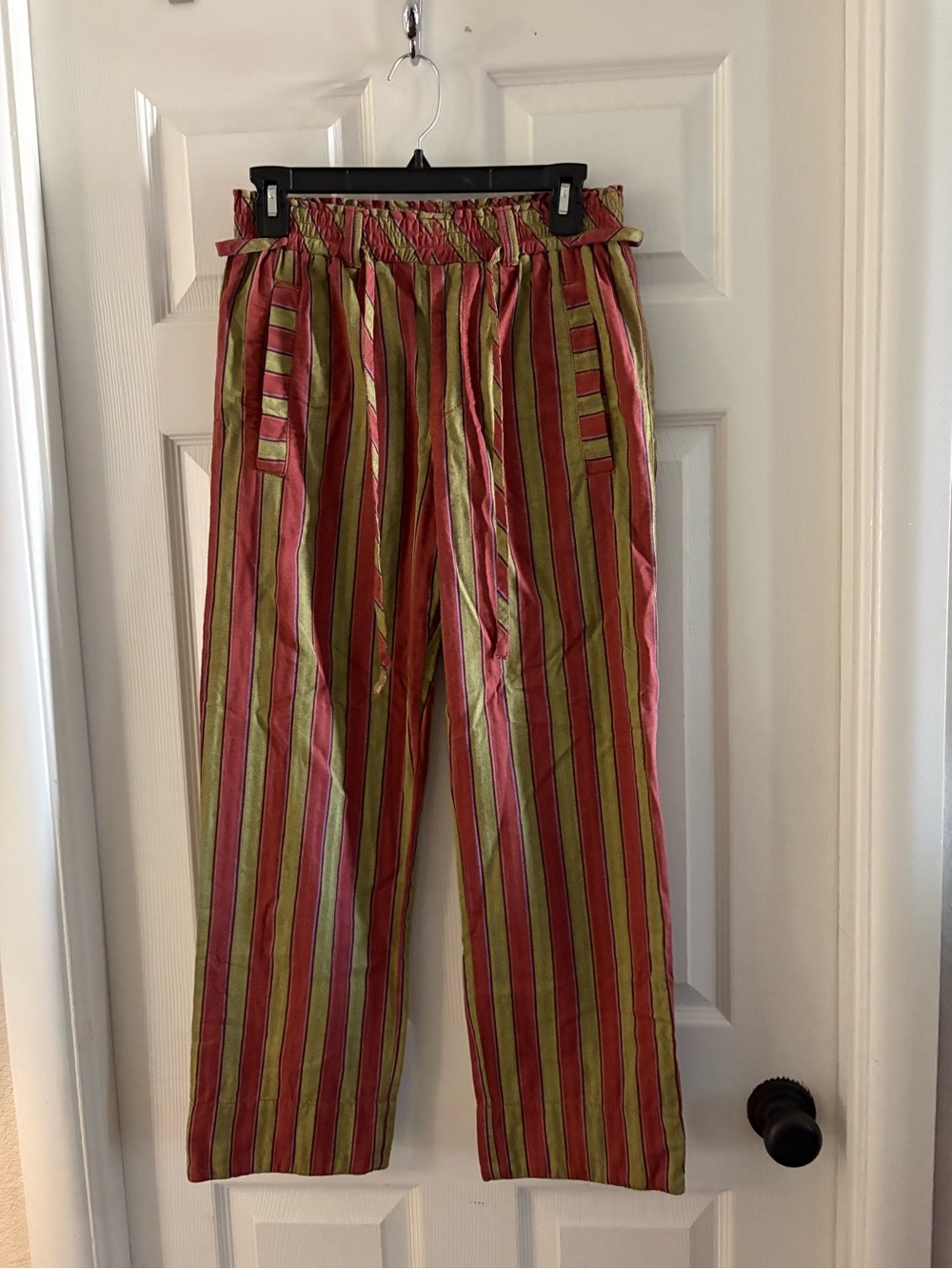 Free People Marielle pants. Red and olive striped wide leg pants.